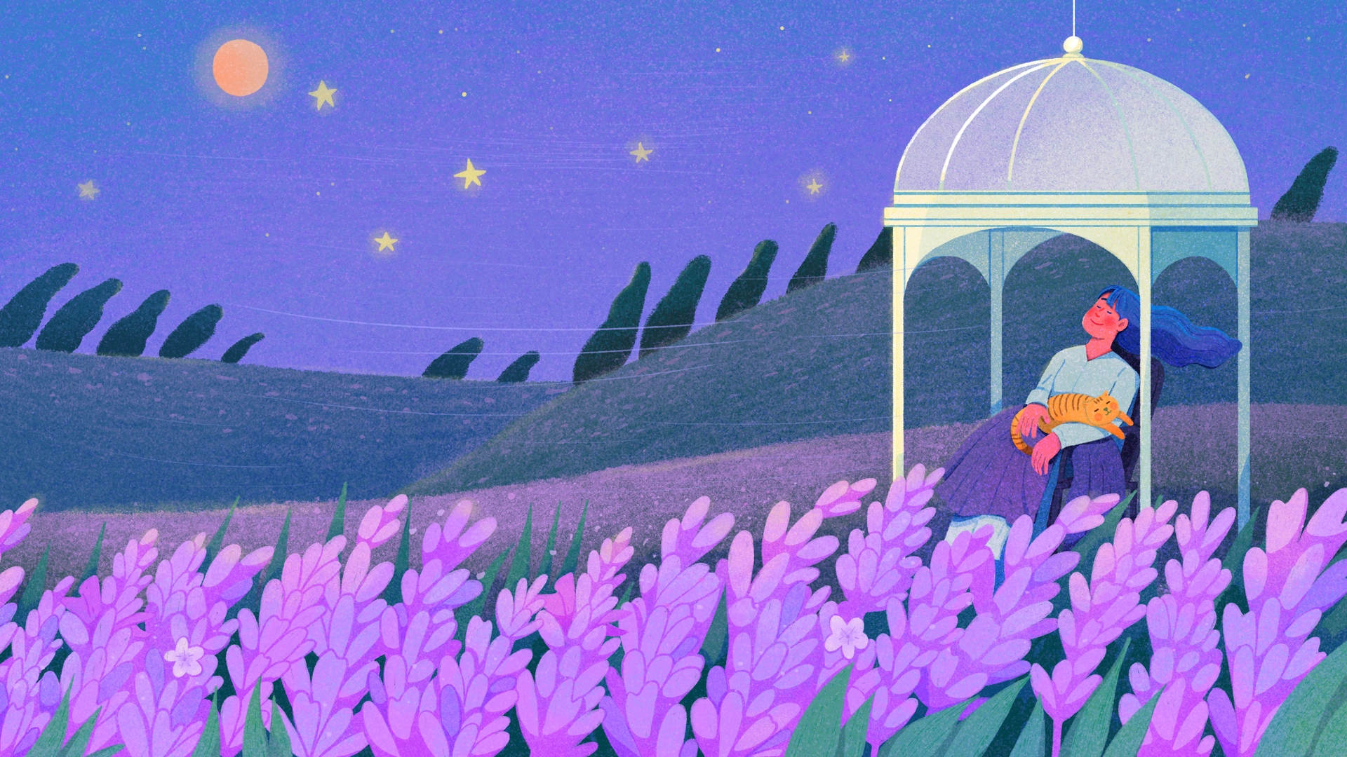 An illustration of a woman sit in a gazebo with her cat in a Lavender field.