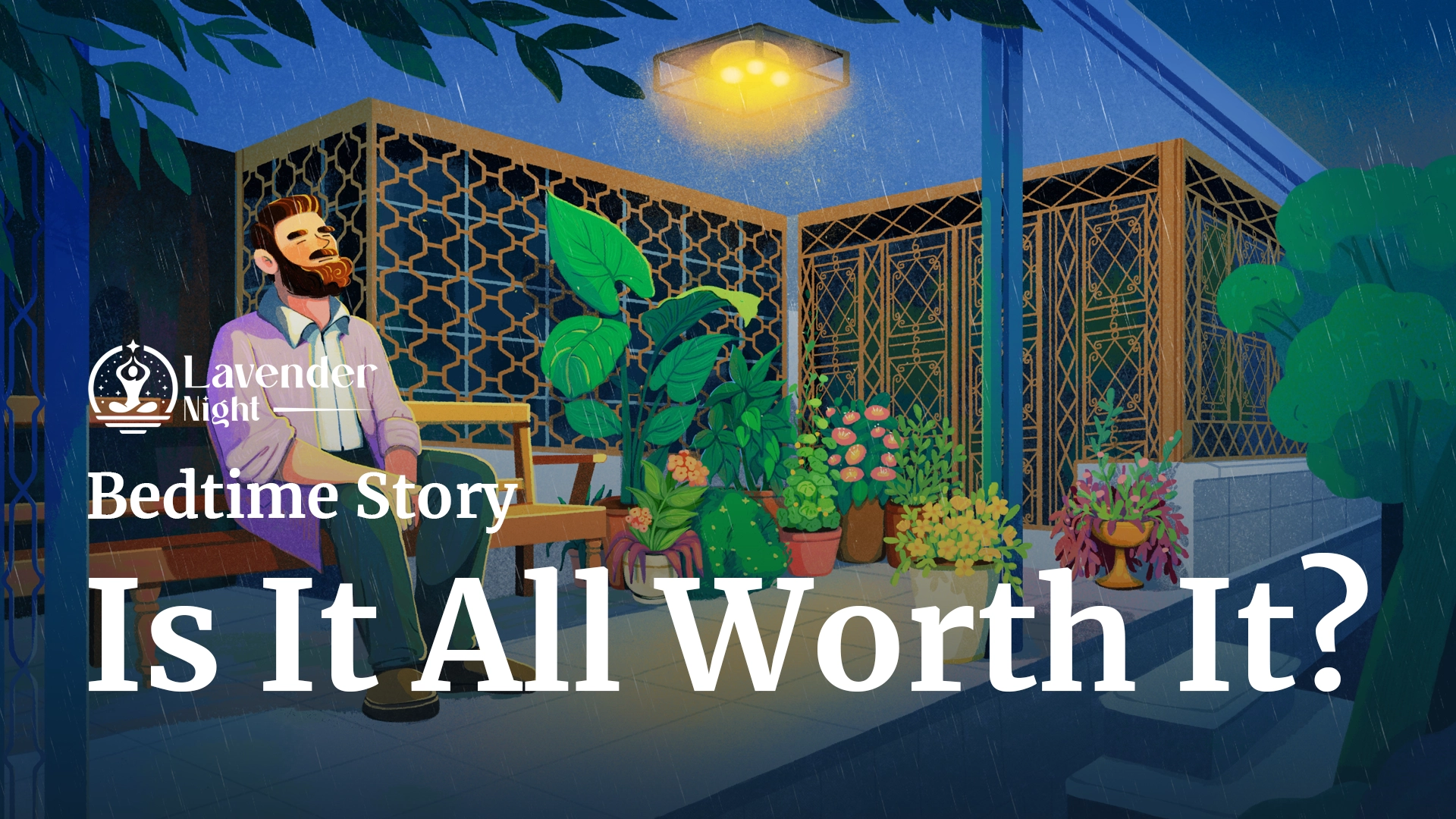 The artwork of the episode, it's a man sitting on a wooden bench in a cozy night. There is a gentle rain.